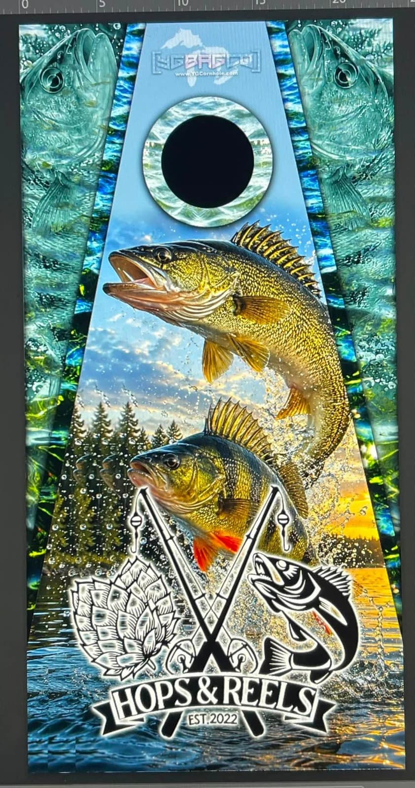 Hops & Reels custom YG Cornhole project