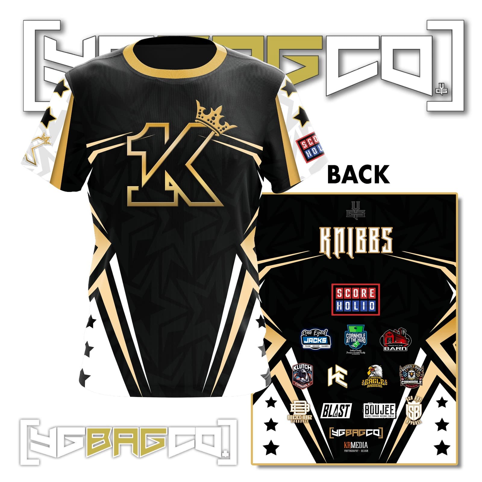 Black, white, and gold Knights YG Bag Co performance jersey shown front and back