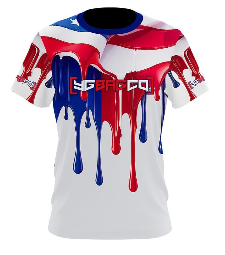 Red, white, and blue paint-drip YG Bag Co performance jersey