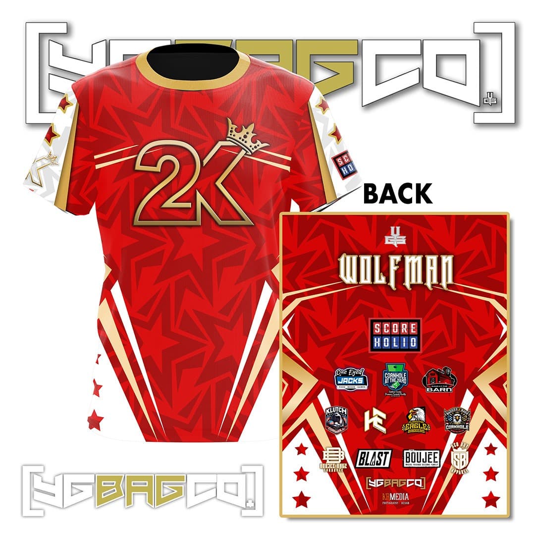 Red and gold Wolfman YG Bag Co performance jersey shown front and back