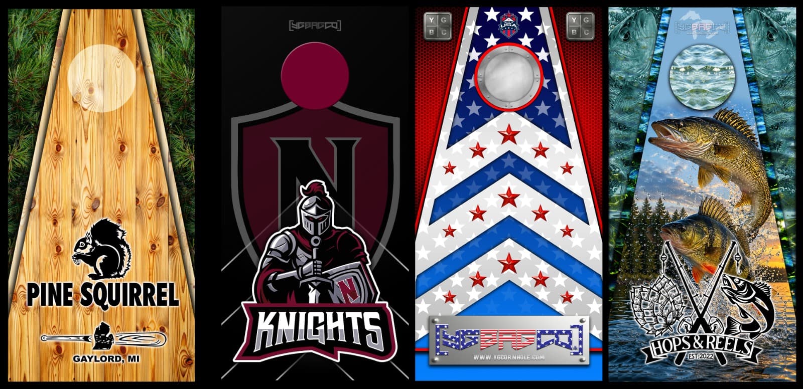 Four custom cornhole board designs featuring wood, team, patriotic, and fishing artwork