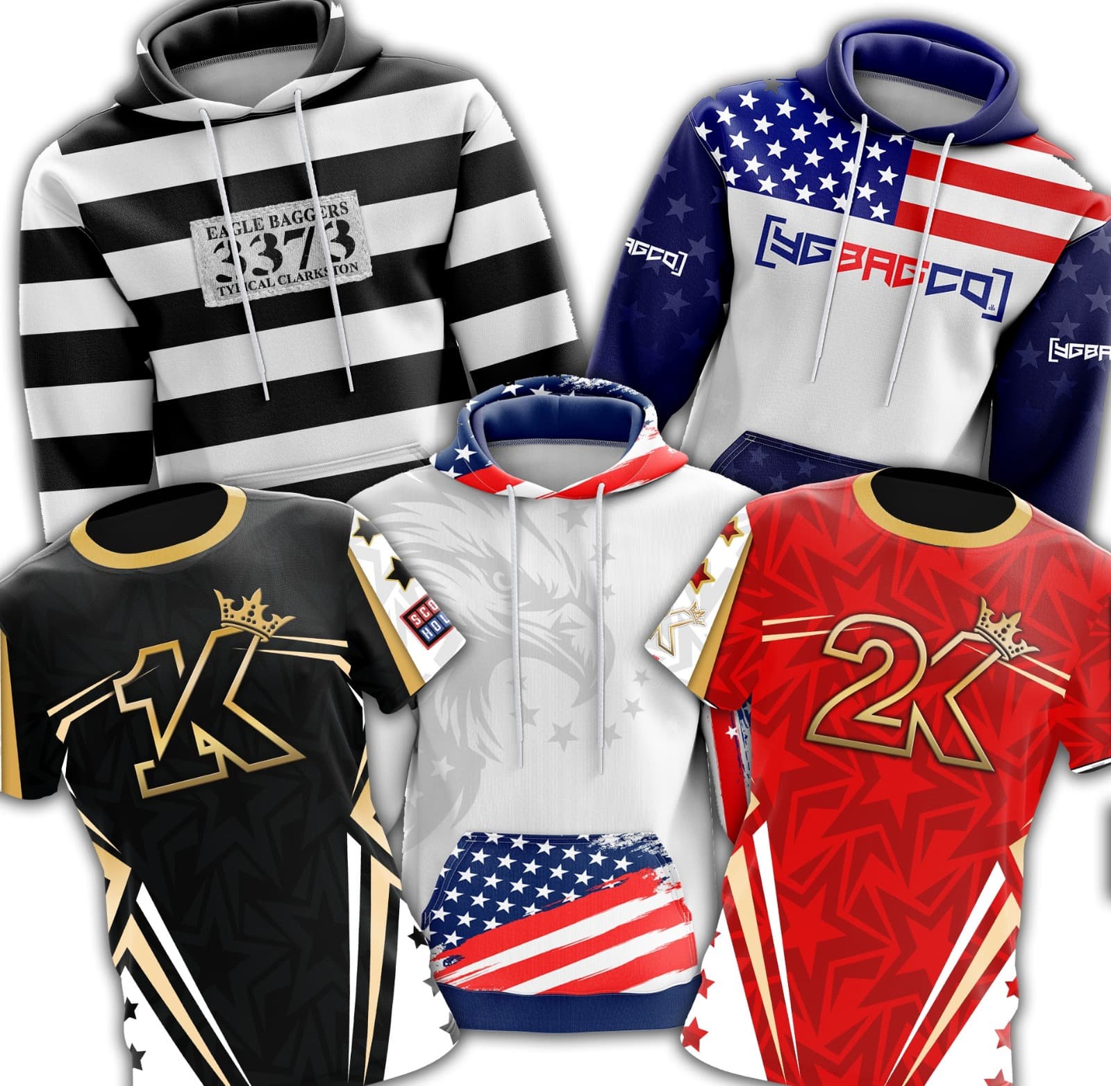YG Cornhole custom hoodies and performance jerseys in team and patriotic designs