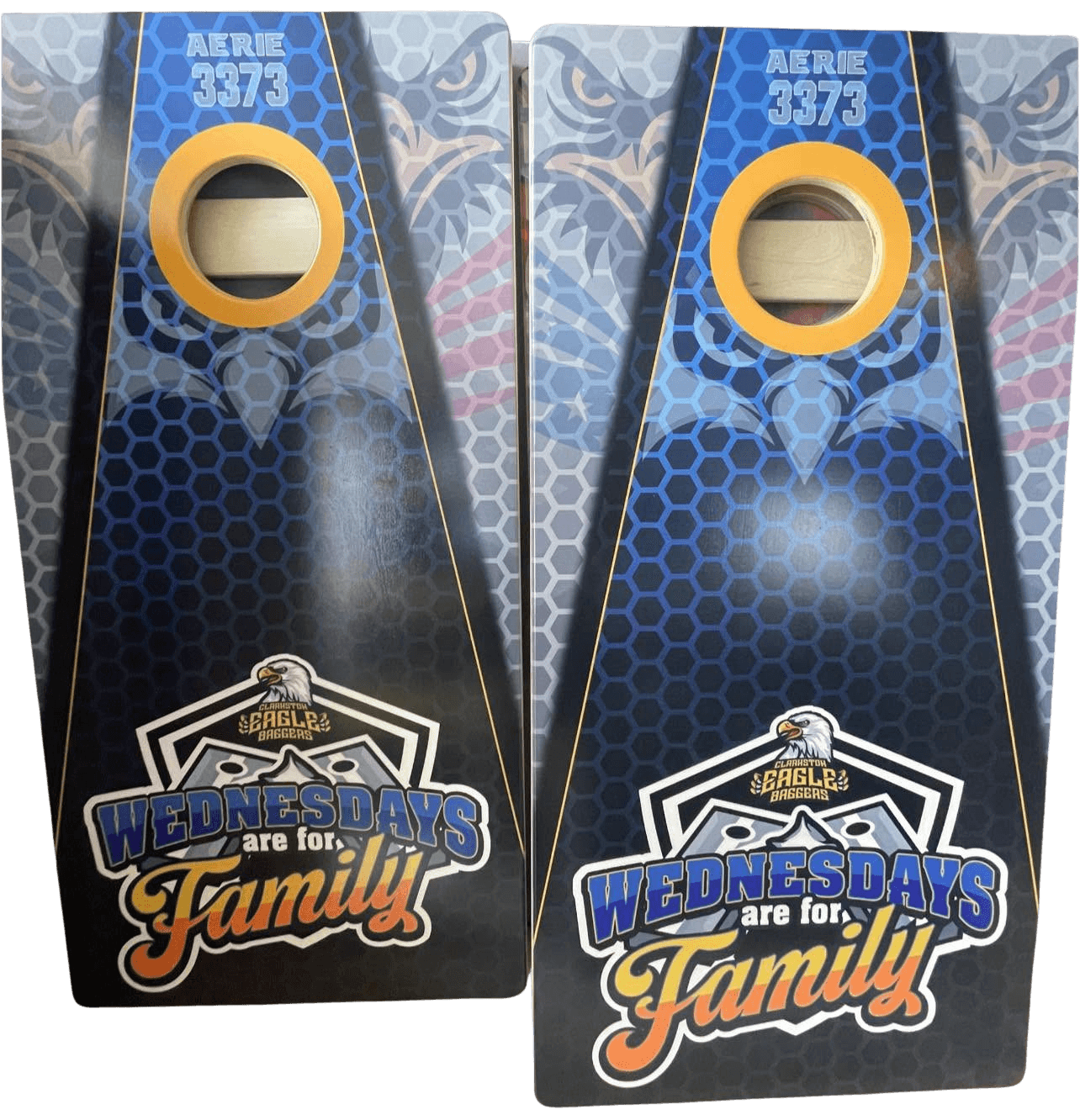 Pair of blue custom family cornhole boards