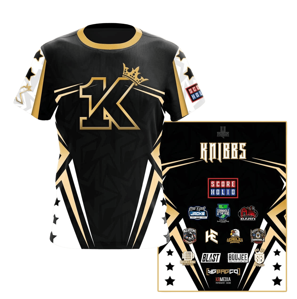 Black and gold custom team jersey shown front and back