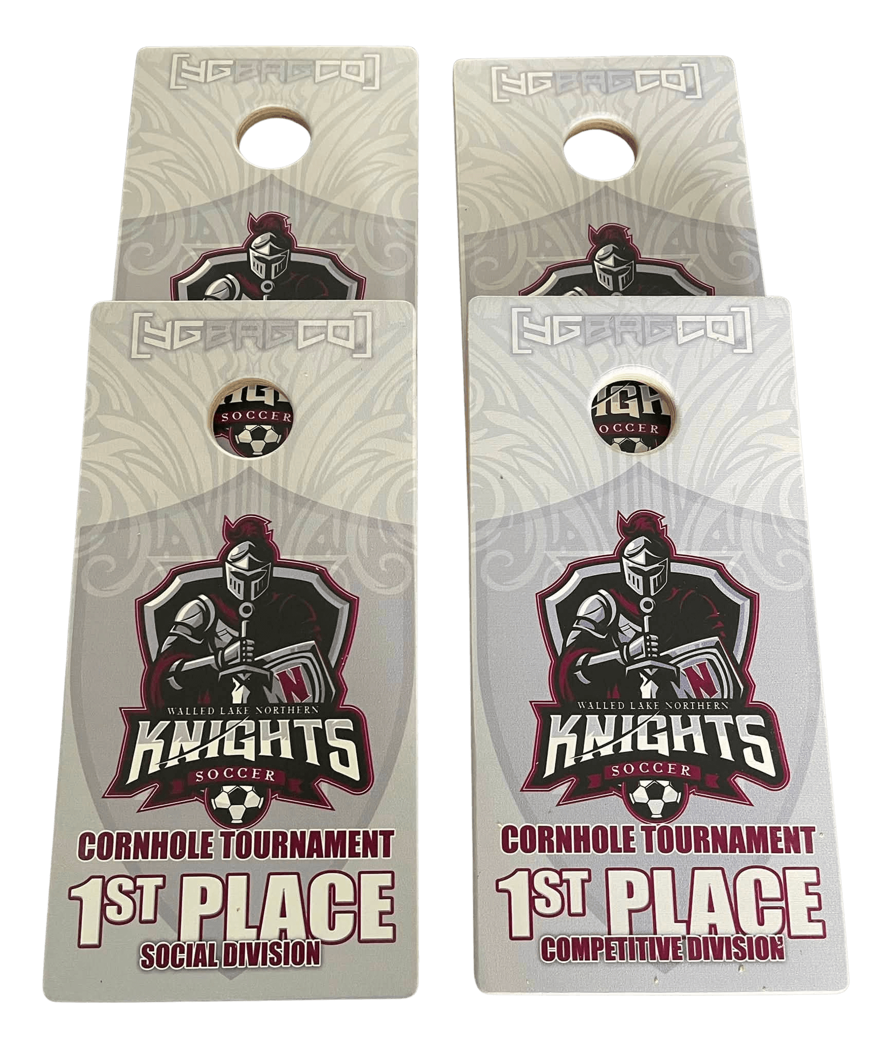 Custom mini cornhole board awards for a soccer tournament