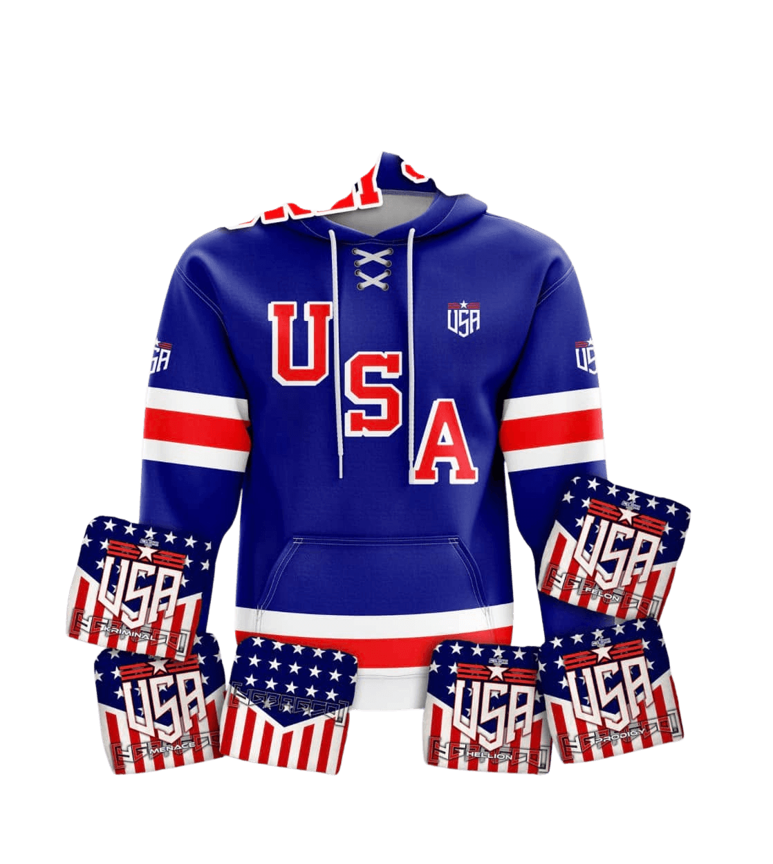 USA hoodie with matching custom cornhole bags
