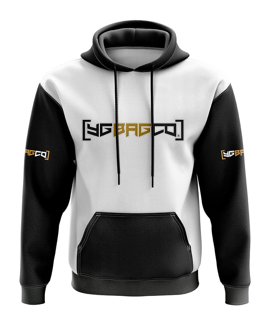 White and black YG Bag Co hoodie with gold accents