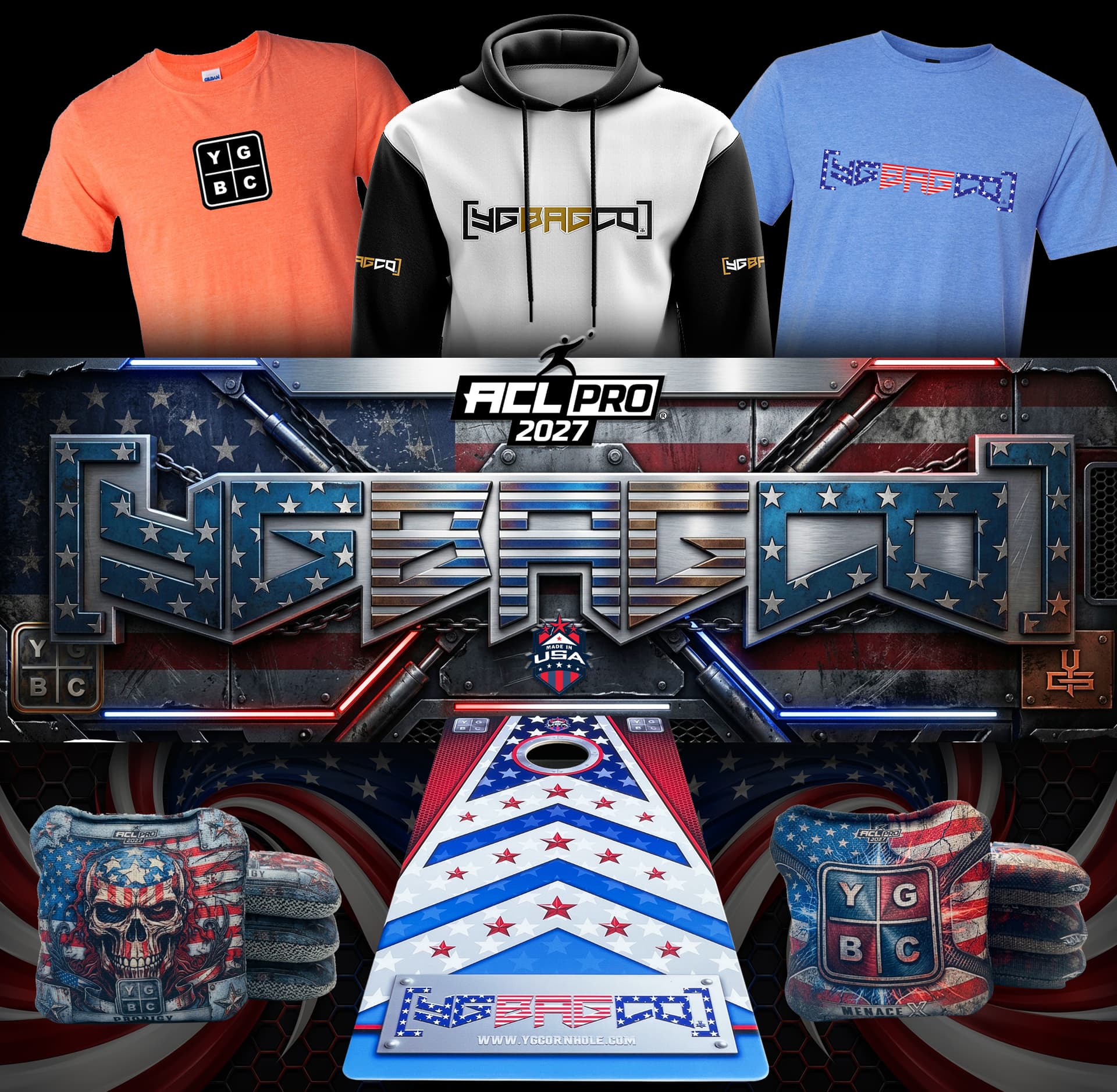 YG Cornhole apparel, competition bags, and custom board lineup